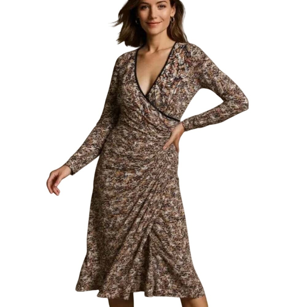 Robert Graham Wrap Dress Women XL Multi-Color Abstract Leopard Print Long Sleeve